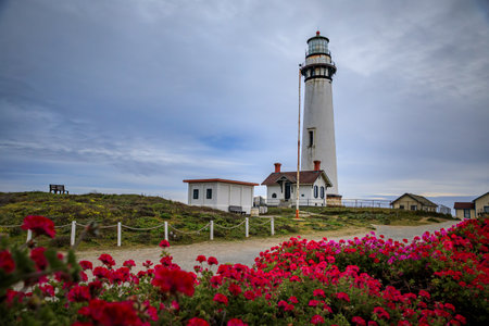 Waves crashing on the shore by Pigeon Point Lighthouse on Northern California Pacific Ocean coastline near Pescadero just before sunsetの写真素材