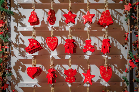 Colmar, France - June 5, 2023: Display full of colorful red ornaments and decorations for sale at a souvenir shop in the old townの写真素材