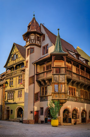 Ornate gothic facade of a traditional half timbered house in the Little Venice district in Colmar, a picturesque village in Alsace Franceの写真素材
