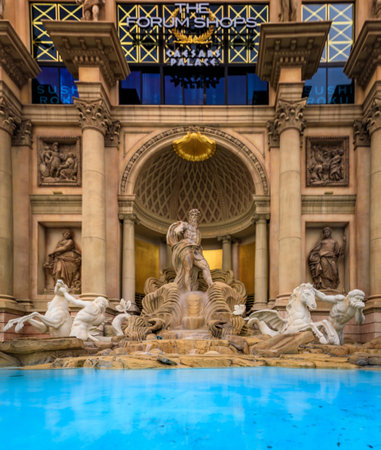 Las Vegas, Nevada, USA - October 24, 2021: The Trevi Fountain replica at the Forum Shops at Caesars Palace with Oceanus statue and a large archwayのeditorial素材