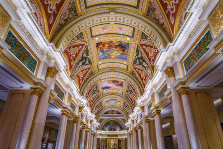 Las Vegas, Nevada, USA - October 24, 2021: Ornate ceiling frescoes in the galleria at the Venetian Resort Hotel and Casino and replica of Veniceのeditorial素材