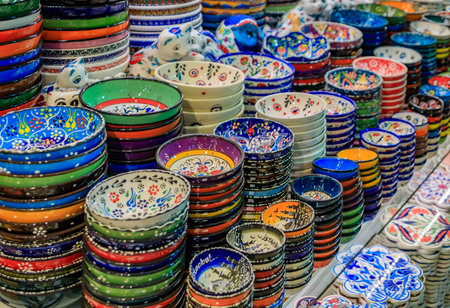 Ornate handmade Turkish ceramic Iznik pottery plates with floral Islamic patterns and reliefs in...