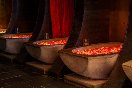 Dimly lit interior of a luxury spa with three stone bath tubs filled with water and rose flower petals, creating a relaxing and intimate ambianceの写真素材
