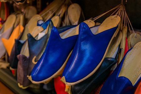 Blue handmade pointed toe Turkish leather shoes or Yemeni slippers with traditional stitching for...