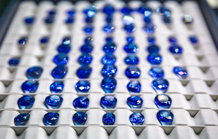 Faceted blue sapphire gemstones in various cuts fill display a tray in a jewelry workshop in the Grand Bazaar in Istanbul, Turkey, behind the scenesの写真素材