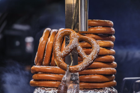 A close-up of a large salted pretzel with a pile of freshly baked pretzels in the background from a...