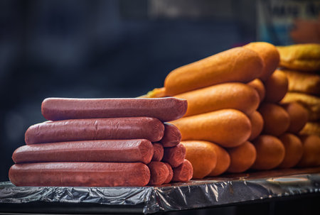 Stack of hot dogs and fried golden corn dogs at a street stand in Manhattan, New York ready for customers seeking American style street foodの写真素材