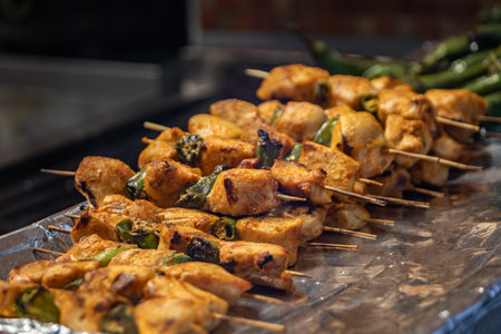 Succulent grilled chicken and green bell pepper skewers on a kitchen tray, ready to be served in a traditional kebab shop in Istanbul, Turkeyの写真素材