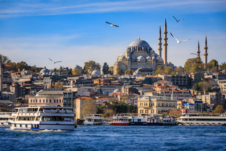Istanbul ferry with a cityscape of the Historic Peninsula across the Golden Horn by Galata Bridge with the Yeni Cami and Suleymaniye Mosques, Turkeyの写真素材