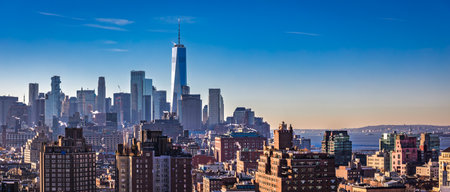 The expansive Downtown Lower Manhattan skyline with a dense concentration of famous modern...