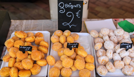 Fresh golden beignets sprinkled with sugar and filled displayed with price tags at the Cours Saleya...