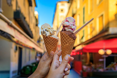Two hands holding artisanal gelato in a cone and a view of traditional colorful houses in the Old Town Vieille Ville of Nice, South of Franceの写真素材