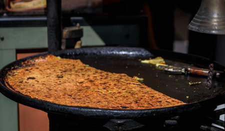 Socca, traditional thin chickpea flour pancake or crepe cooked for sale at farmers market in Cours Saleya in Vieille Ville or Old Town in Nice, Franceの写真素材