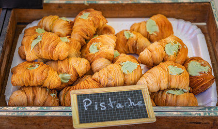 Traditional crispy Italian sfogliatelle pastries filled with pistachio cream for sale at the Cours Saleya street market in Nice, Franceの写真素材