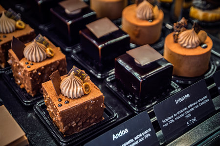 Decadent, ornately decorated petit four desserts on display at an artisanal bakery in the Old Town...