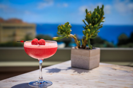 Raspberry champagne cocktail at a rooftop restaurant with a view overlooking the Mediterranean Sea and the Old town or Vieille Ville in Nice, Franceの写真素材