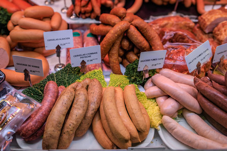 Selection of various gourmet pork sausages on display at a specialty butcher store in Strasbourg, Franceの写真素材
