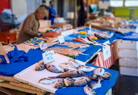 Freshly caught fish, anchovies, sea bream, dorade bass and shellfish at Cours Saleya provencal...