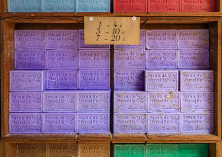 Colorful, natural, handmade Marseille soaps with lavender and other scents at the Cours Saleya market, Nice, South of Franceの写真素材