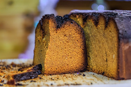 Traditional artisanal homemade gingerbread loaves on display at an artisanal bakery during Christmas...