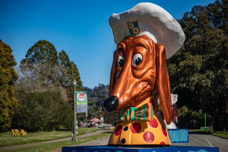 San Francisco, USA - April 15, 2023: Doggy Diner dog head sculpture with a chef hat, local landmark in Golden Gate Park, whimsical public art displayの写真素材