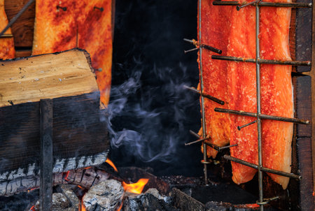 Salmon fillet roasting on wooden planks over open fire, glowing embers and smoke create a rustic...