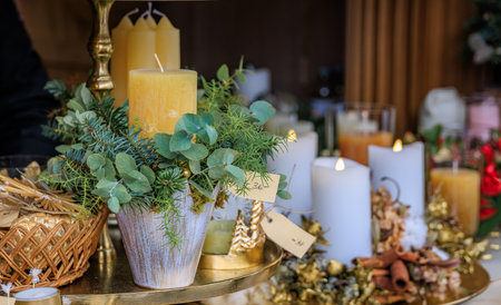 Festive Advent centerpiece display with candles, fir tree and eucalyptus branches on a brass stand at a Christmas market in Zurich, Switzerlandの写真素材