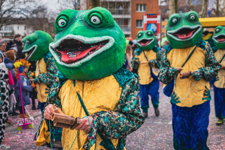 Zug, Switzerland - March 1, 2025: Dressed up participants in frog costumes celebrate the Fasnacht winter carnival parade in the historic townのeditorial素材