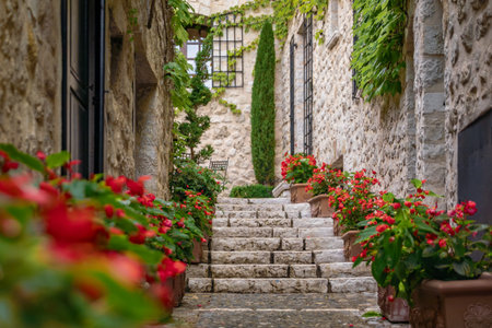 Traditional old stone houses on a steep narrow street with steps and flowers in Saint Paul de Vence, medieval town in French Riviera, South of France