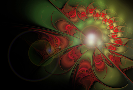 Abstract fractal glowing flower on black background with copy spaceの写真素材