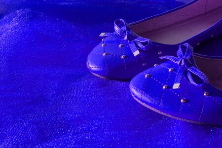 Blue women shoes isolated on blue airy fabric. Beautiful comfortable classic blue shoes. Copy space, shoe store for women. The concept of advertising shoes that are for sale, dream shoes.の写真素材