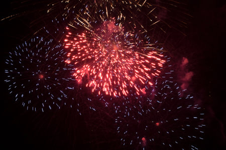 Huge explosions of purple and red fireworks in the night sky. Beautiful fireworks against the dark...