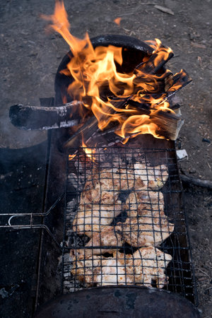 Juicy grilled chicken meat. The meat is cooked on a hot charcoal barbecue grill, fire and sparks from below. Dish for a grilled party in the backyard from poultry, close-up. meat and fire.の写真素材