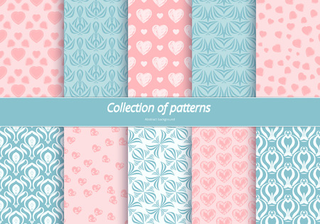 Set of seamless patterns. Romantic background with pastel colors. Backdrop with hearts and stylized flowers. Delicate ornament for design. illustration.のイラスト素材