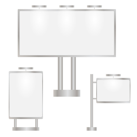A billboard in the open air with a white screen. Set of blank advertising screens. Place for your special offers.のイラスト素材