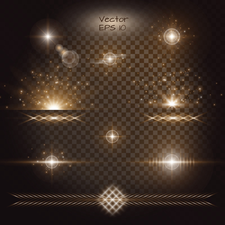 Lightning . Gold bokeh. Lens flare vector. Set of golden light effects on a transparent backdrop.のイラスト素材