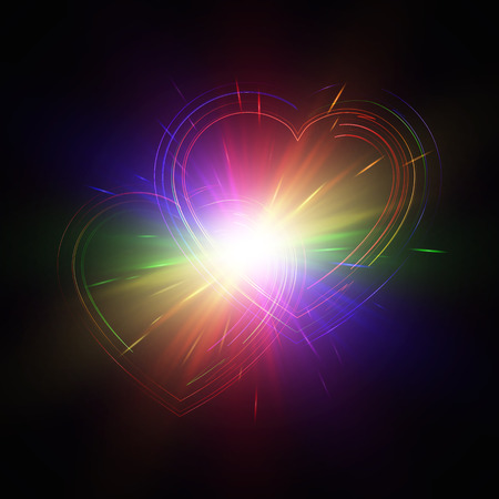 Rainbow hearts with light effects on a dark backdrop. Vector illustration.のイラスト素材