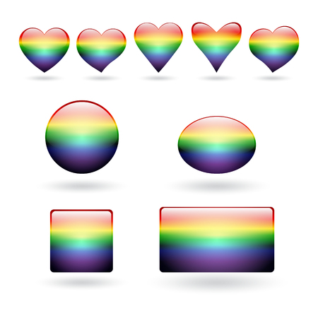 A set of hearts and buttons with a rainbow design in the style of an LGBT community. Vector illustration.のイラスト素材