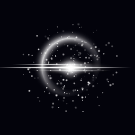 Silvery glare from the lens with rays and bright particles on a black backgroundのイラスト素材