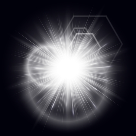 Explosion of a star with shiny particles and bright rays on a black backgroundのイラスト素材