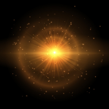 Gold flash of a colorful star on a black background. Vector illustration with bright light effectのイラスト素材