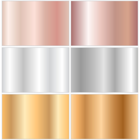 Collection of metallic gradients with a texture of platinum, silver, pink and yellow gold. Colorful vector illustration with metal platesのイラスト素材