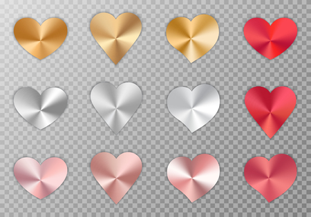 A set of shiny polished hearts with a metal texture for a romantic design of congratulations for Valentine's Day, design of cards for mother's day, March 8 and birthday. Vector illustration on a transparent background.のイラスト素材