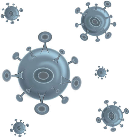 Virus. Abstract 3d microbe on blue background. Computer virus, allergy bacteria, medical healthcare, microbiology concept. Disease germ, pathogen organism, infectious micro virologyの写真素材