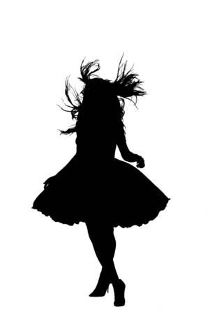 Black silhouette of a girl in a dress on a white backgroundの写真素材