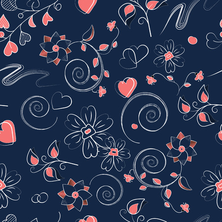 Seamless pattern with pink hearts, curls and flowersのイラスト素材