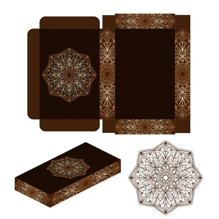 Gift wrapping box with golden mandala on a dark background. Vectorのイラスト素材