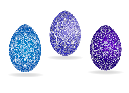 Easter eggs in blue and violet colors with an openwork white pattern. Vectorのイラスト素材