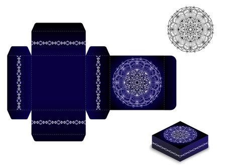 box7Gift box blank with a round pattern of mandala on a dark blue background.Vector illustrationのイラスト素材