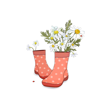 Bouquet of daisies in red boots with polka dots. Decor for the garden. Vectorのイラスト素材